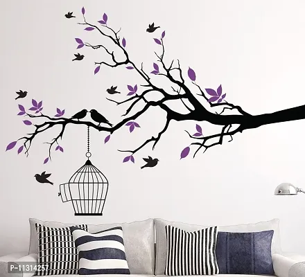 Asmi Collections PVC Wall Stickers Black Branches Purple Leaves and Birds