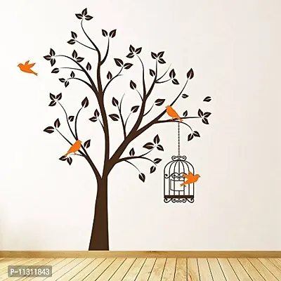 Asmi Collections Wall Stickers Beautiful Brown Tree Orange Birds and Cage - AN038