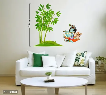 Asmi Collections Wall Stickers Little God Krishna Playing Flute Under a Bamboo Tree with Cow-thumb3