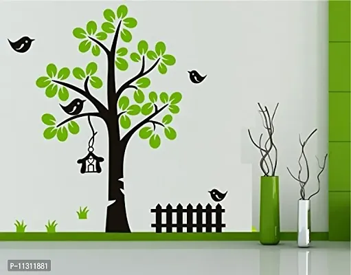 Asmi Collections PVC Wall Stickers Beautiful Green Tree and Black Birds Cage