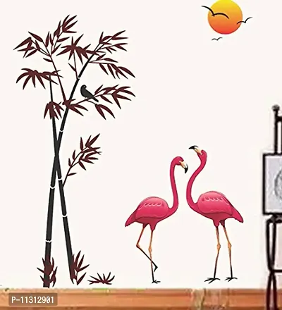 Asmi Collections Wall Stickers Beautiful Flamingo Birds Bamboo Tree Sunset-thumb0