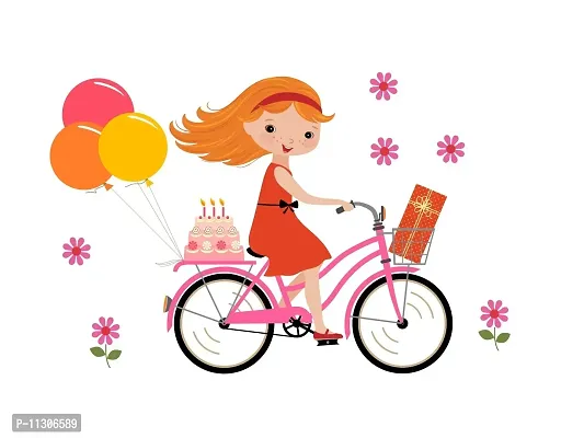 Asmi Collections Wall Stickers Cute Little Girl on Cycle Balloons-thumb0