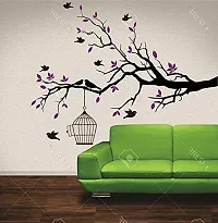 Asmi Collections PVC Wall Stickers Black Branches Purple Leaves and Birds-thumb1