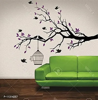 Asmi Collections PVC Wall Stickers Black Branches Purple Leaves and Birds-thumb2