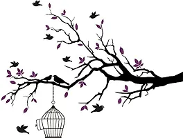 Asmi Collections PVC Wall Stickers Black Branches Purple Leaves and Birds-thumb2