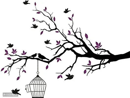 Asmi Collections PVC Wall Stickers Black Branches Purple Leaves and Birds-thumb3