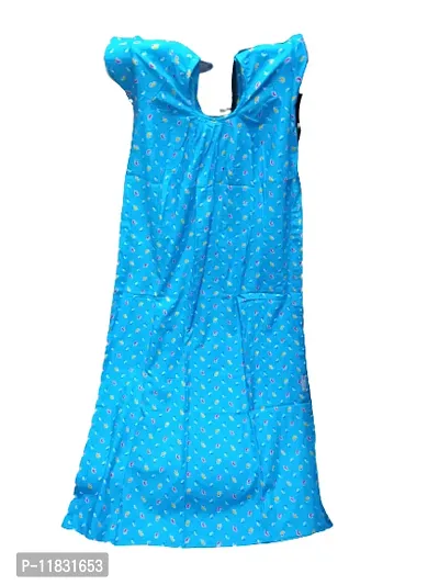 Comfortable Cotton Sky Blue Printed Round Neck Nighty For Women