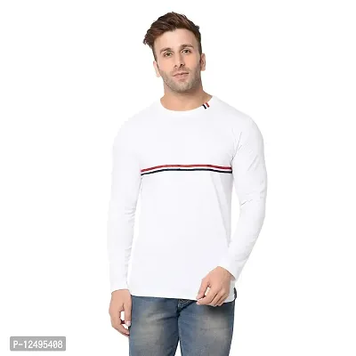 Jambul Men's 100% Cotton Round Neck Full Sleeve Chest Stripes T Shirt-White