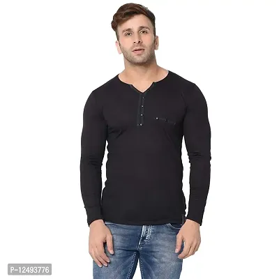 Jambul Men's Cotton Blend Regular Fit V Neck Full Sleeve Casual T-Shirt-Black