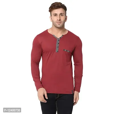Jambul Men's Cotton Blend Regular Fit V Neck Full Sleeve Casual T-Shirt_Maroon