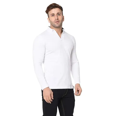 Jambul Men's 100% Pure Full Sleeves Collar Neck Casual Wear Tshirt (White_Medium)