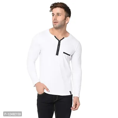 Jambul Men's Cotton Blend Regular Fit V Neck Full Sleeve Casual T-Shirt_White