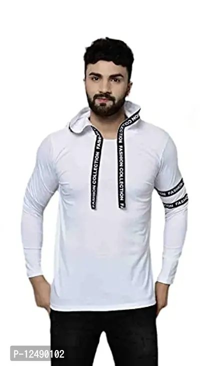 Jambul Regular Fit Cotton Men's Full Sleeve Hooded Casual T-Shirt White