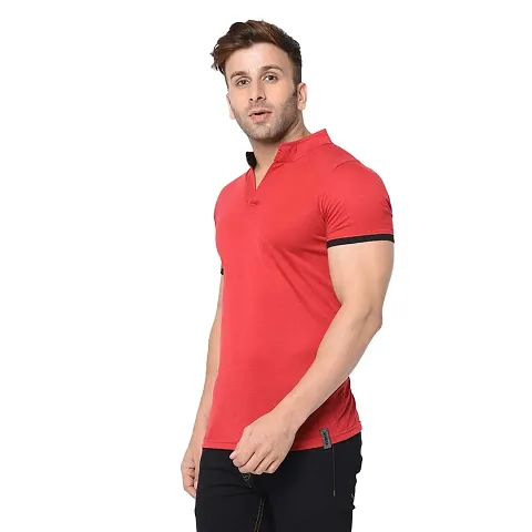 Jambul Men's 100% Pure Half Sleeves Collar Neck Casual Wear Tshirt (Red_Small)