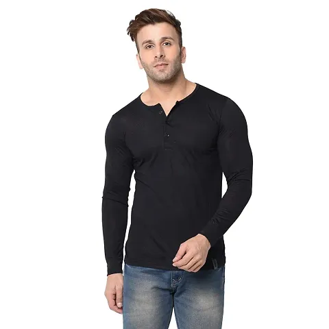 Jambul Men's 100% Pure Full Sleeves Collar Neck Casual Wear Tshirt (Black_Small)