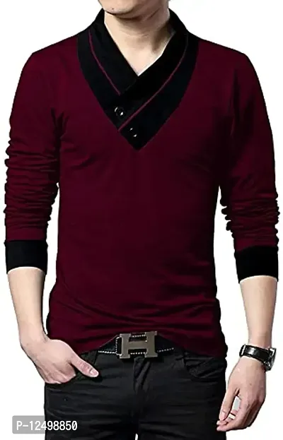 Jambul 100% Pure Cotton Men's Full Sleeve Shawl Collar Regular Fit Casual Tshirt Maroon