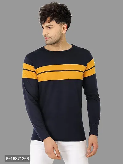 Men's Striped Round Neck Regular Fit Full Sleeve Cotton Blend T-Shirt (Navy Blue)-thumb0