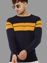 Men's Striped Round Neck Regular Fit Full Sleeve Cotton Blend T-Shirt (Navy Blue)-thumb2