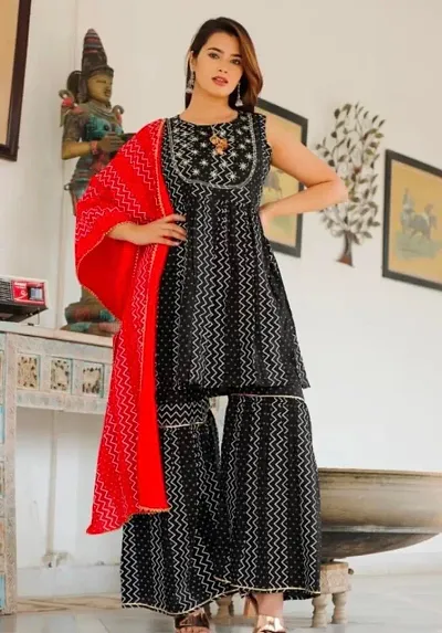 Stylish Rayon Printed Kurta Bottom Dupatta Set