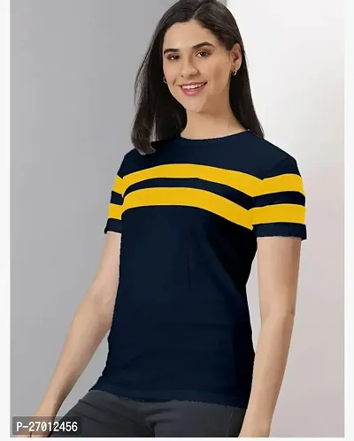 Elegant Navy Blue Cotton Colourblocked Tshirt For Women-thumb0