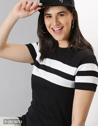 Trendy Black Cotton Blend Striped Round Neck Tees for Women-thumb0