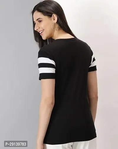 Trendy Black Cotton Blend Striped Round Neck Tees for Women-thumb2