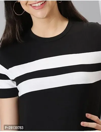 Trendy Black Cotton Blend Striped Round Neck Tees for Women-thumb3