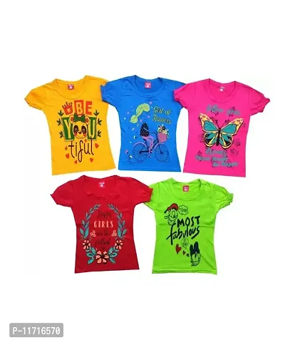 Girls Printed Pure Cotton T Shirt Multicolor  Pack Of 5