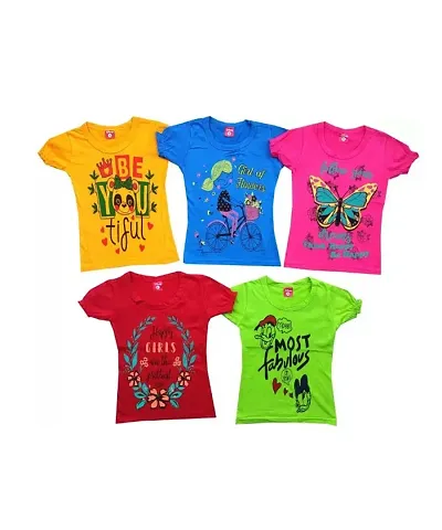 Printed Cotton Blend Tees for Girls Pack of 5