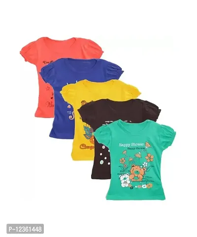 Girls Printed Pure Cotton T-Shirt Pack of 5 (Multicolour)-thumb0