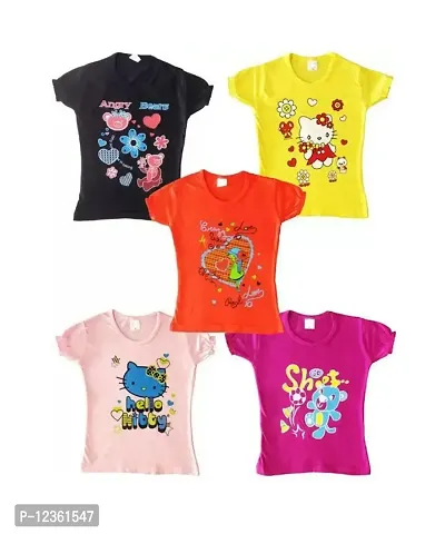 Girls Printed Pure Cotton T-Shirt Pack of 5Pcs (Multicolour)-thumb0