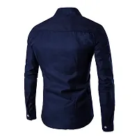 Men's Navy Blue Cotton Solid Long Sleeves Slim Fit Casual Shirt-thumb1