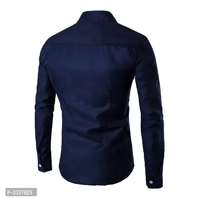 Men's Navy Blue Cotton Solid Long Sleeves Slim Fit Casual Shirt-thumb2