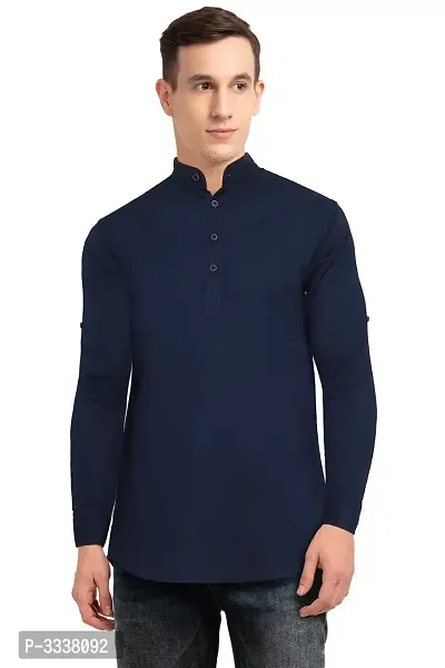 Men's Navy Blue Cotton Solid Short Length Kurta-thumb0