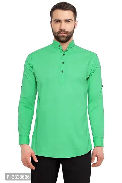Men's Green Cotton Solid Short Length Kurta