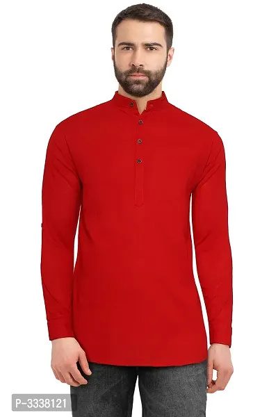 Men's Red Cotton Solid Short Length Kurta