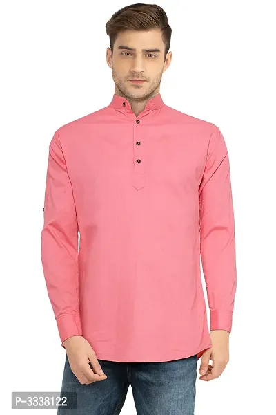 Men's Pink Cotton Solid Short Length Kurta