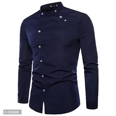 Men's Navy Blue Cotton Solid Long Sleeves Slim Fit Casual Shirt-thumb0