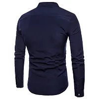 Men's Navy Blue Cotton Solid Long Sleeves Slim Fit Casual Shirt-thumb1