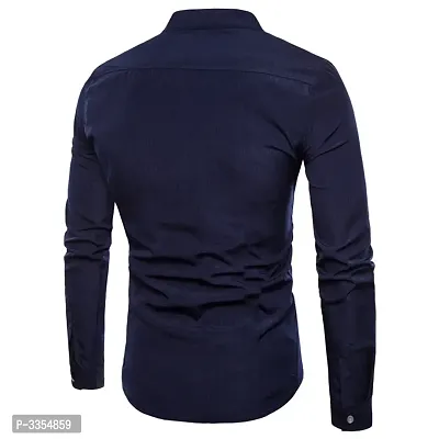Men's Navy Blue Cotton Solid Long Sleeves Slim Fit Casual Shirt-thumb2