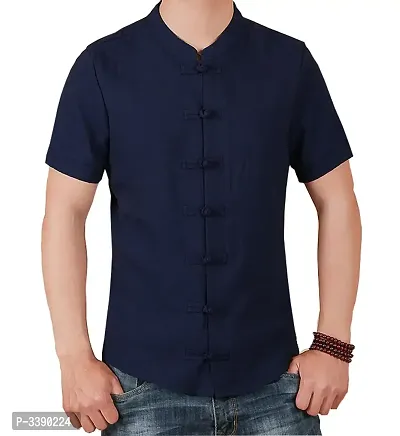 Men's Navy Blue Cotton Solid Short Sleeves Slim Fit Casual Shirt