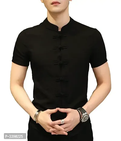 Men's Black Cotton Solid Short Sleeves Slim Fit Casual Shirt