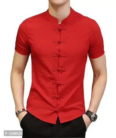 Men's Red Cotton Solid Short Sleeves Slim Fit Casual Shirt