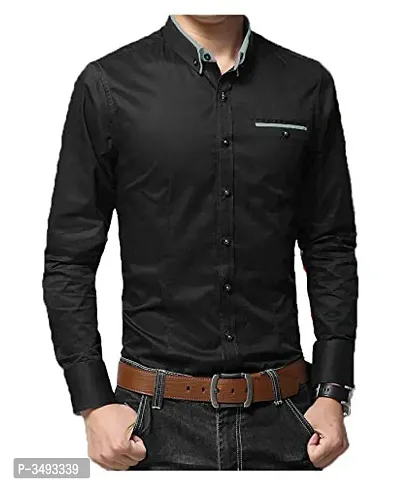 Men's Black Solid Cotton Slim Fit Casual Shirt-thumb3