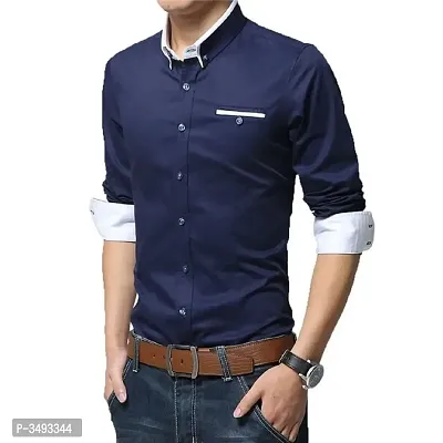 Men's Navy Blue Solid Cotton Slim Fit Casual Shirt
