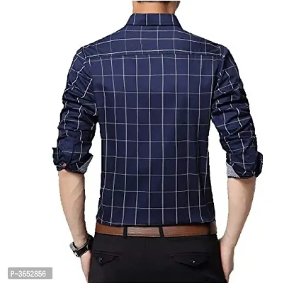 Men's Navy Blue Cotton Checked Long Sleeves Slim Fit Casual Shirt-thumb3