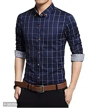 Men's Navy Blue Cotton Checked Long Sleeves Slim Fit Casual Shirt-thumb1