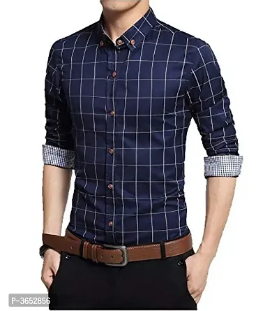 Men's Navy Blue Cotton Checked Long Sleeves Slim Fit Casual Shirt-thumb2