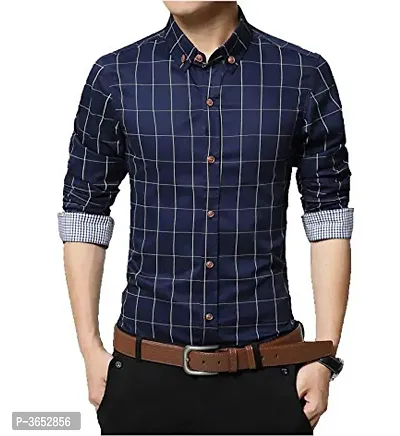 Men's Navy Blue Cotton Checked Long Sleeves Slim Fit Casual Shirt-thumb0