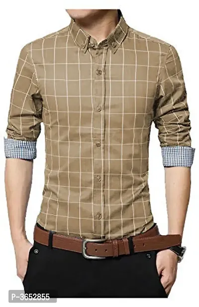 Men's Golden Cotton Checked Long Sleeves Slim Fit Casual Shirt